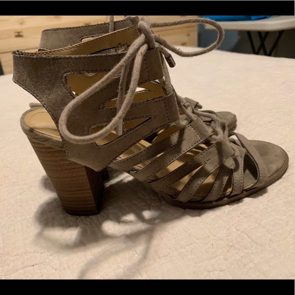 Taupe Lace up block heels